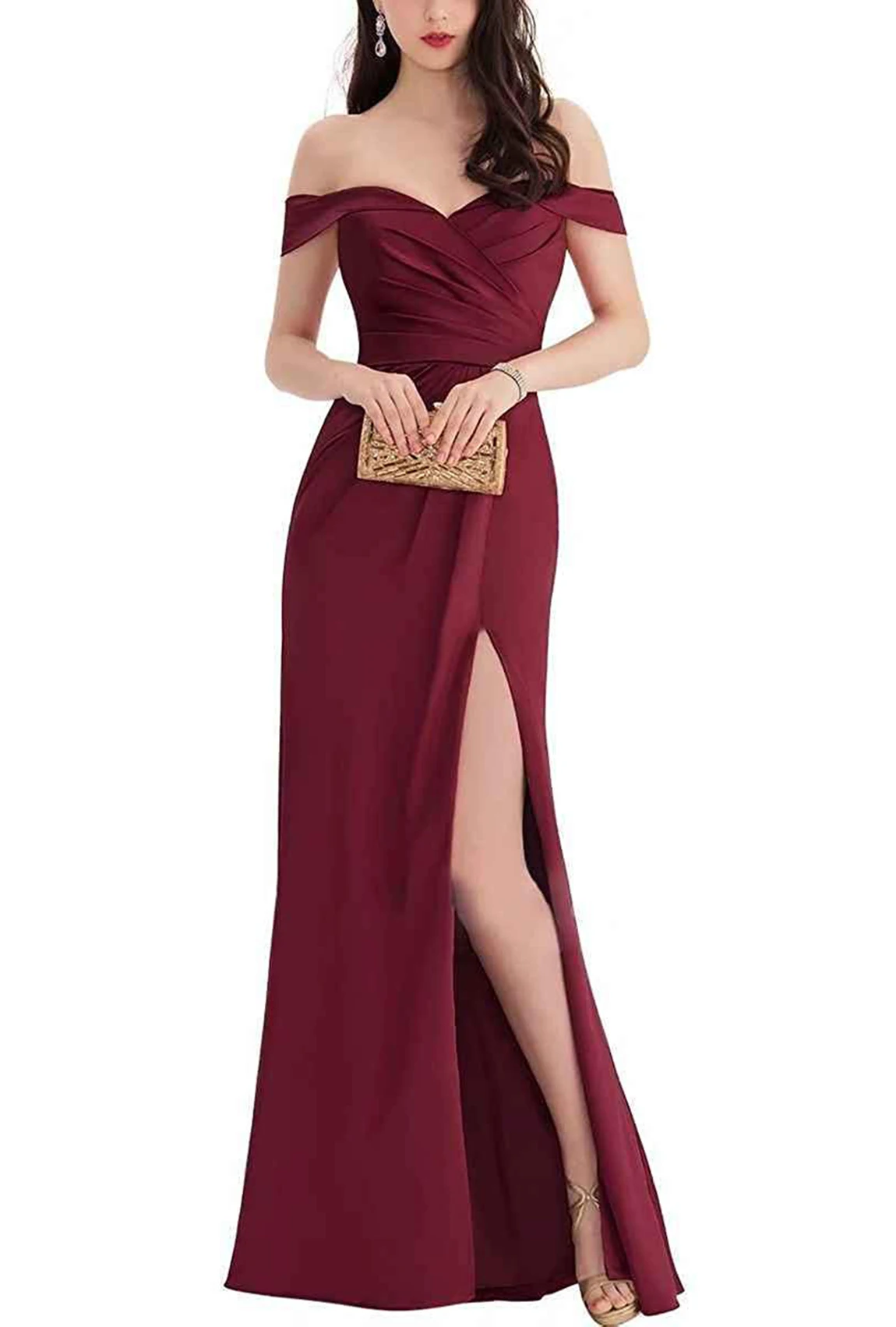 

Women Sweetheart Ruched Off The Shoulder High Slit Prom Evening Dresses Forma vestidos de cctel